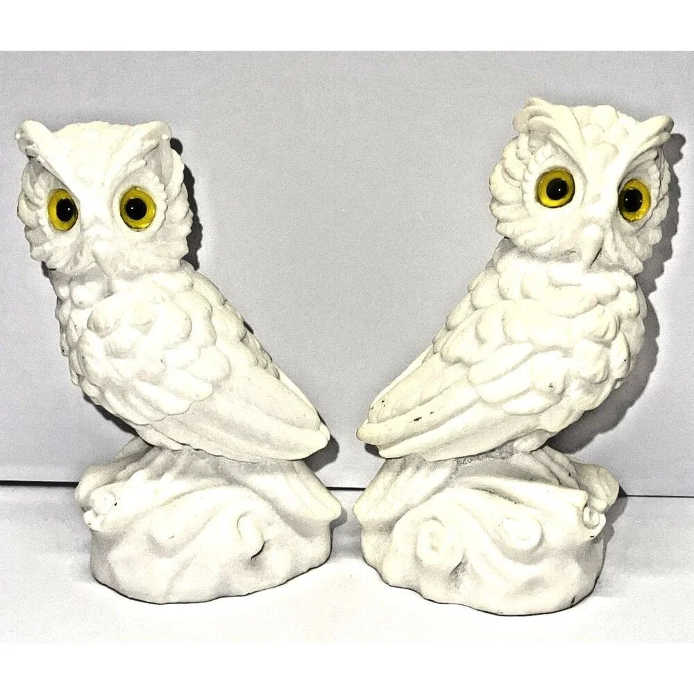 2 Vintage White Alabaster Horned Owl Figurines 5” w/ Yellow Eyes - Made in Italy